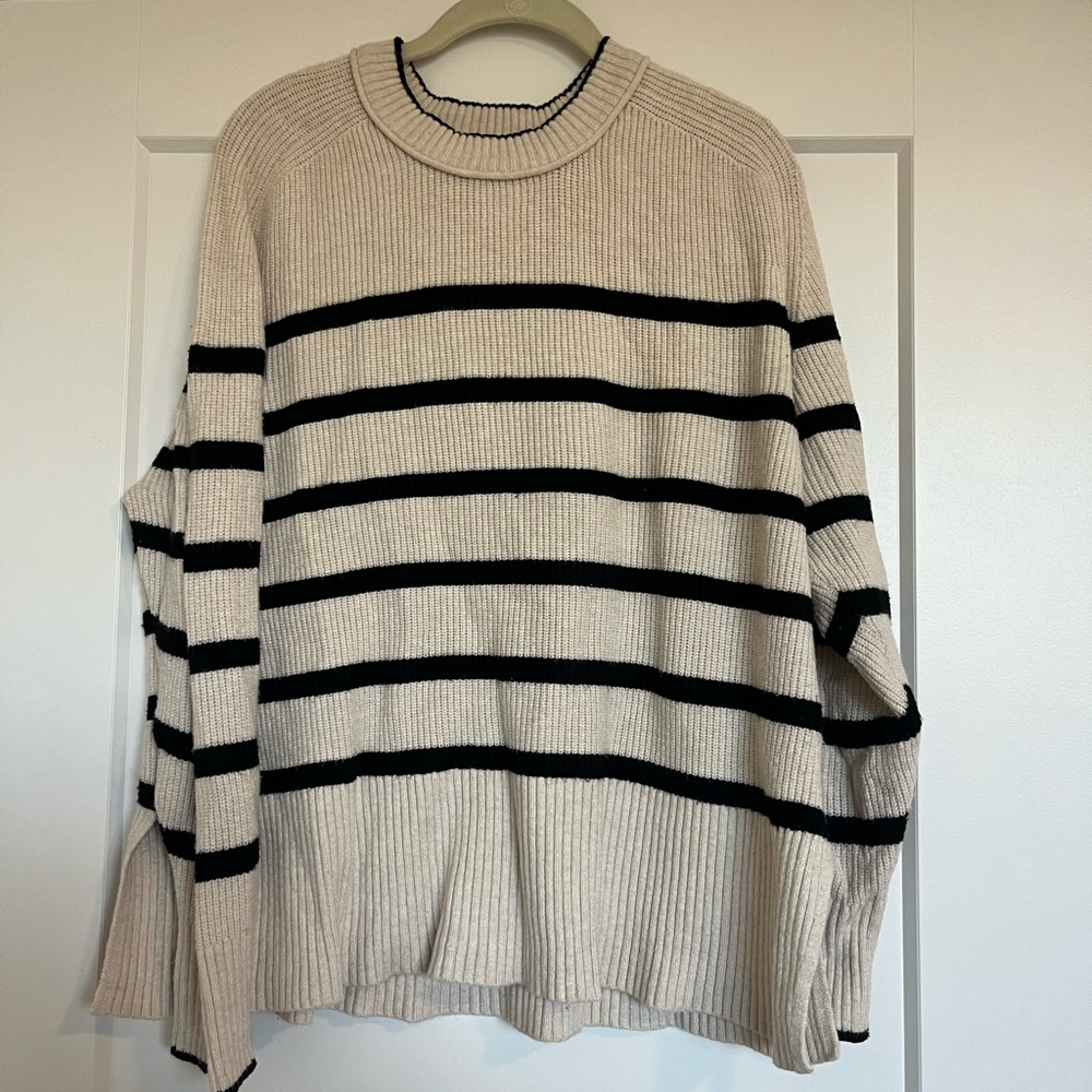 a new day Beige and Black Striped Crewneck Sweater